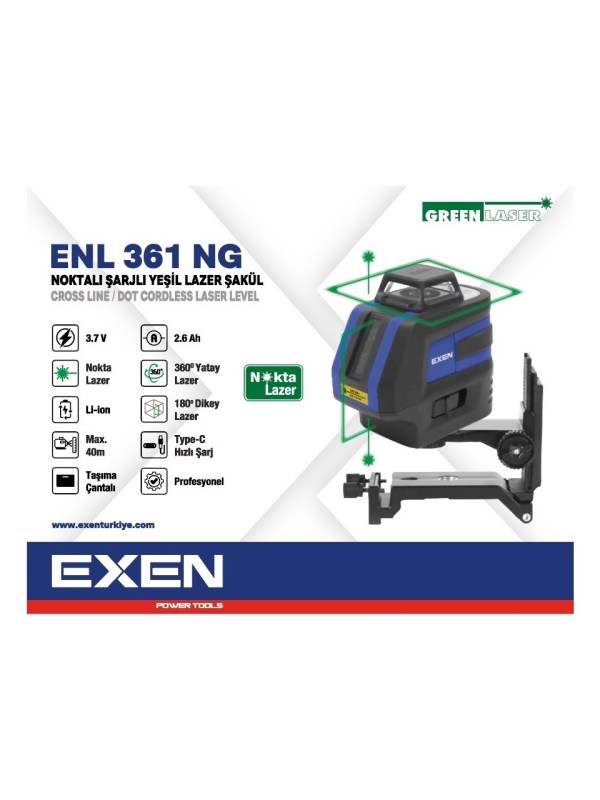 EXEN  ENL 361 NG - 1x360° 3.7V 2.6Ah Noktalı Şarjlı Yeşil Lazer Şakül Set