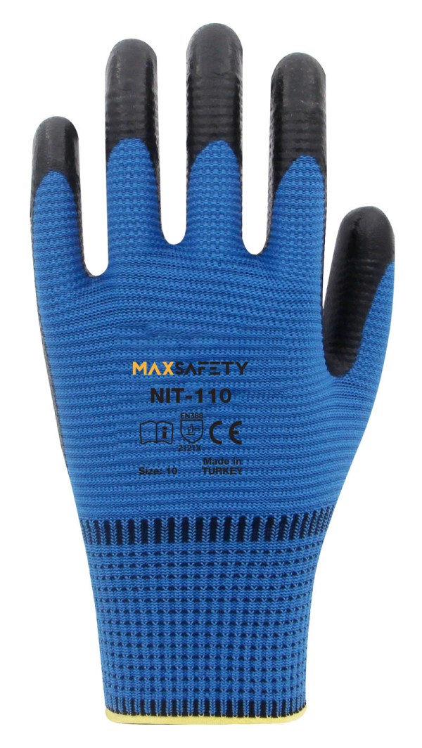 MAX SAFETY MXNIT-110-10 POLYESTER NİTRİL ELD.(Mavi-Siyah) No:10