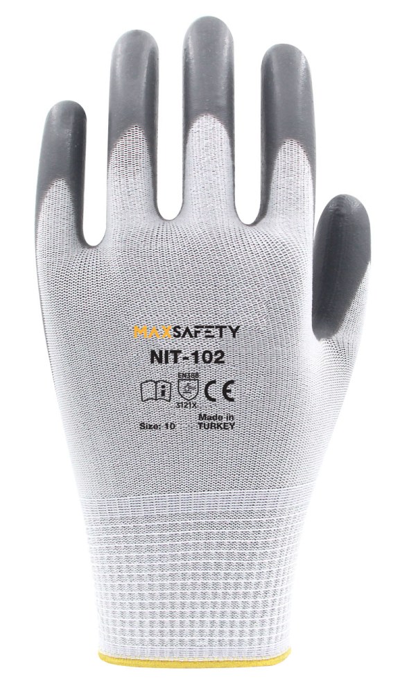 MAX SAFETY MXNIT-102-10 POLYESTER NİTRİL ELD.(Gri-Beyaz) No:10