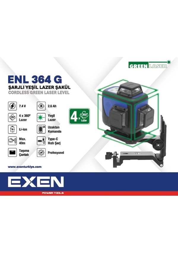EXEN  ENL 364 G - 4x360° 7.4V 2.6Ah Şarjlı Yeşil Lazer Şakül Set