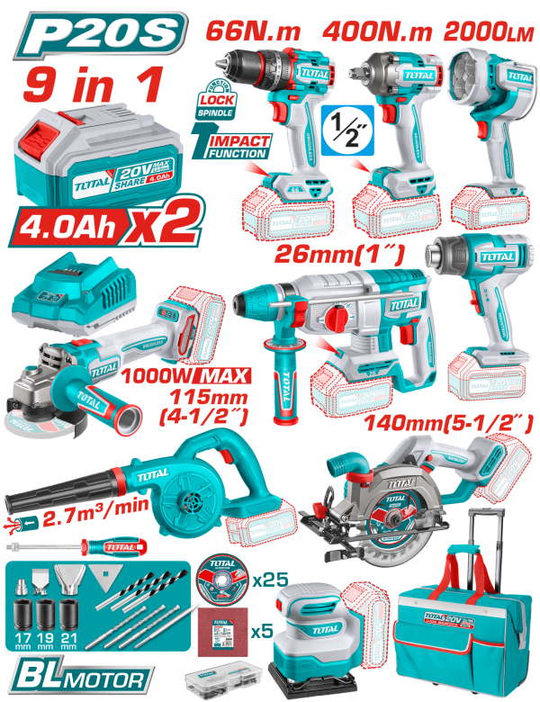 Total 6AH BATARYA + AVANTAJ 9 LU SET - MATKAP, SOMUN SÖKME, IŞIK, KIRICI, TAŞLAMA, SICAK HAVA TABANCASI, ÜFLEME, DAİRE TESTERE