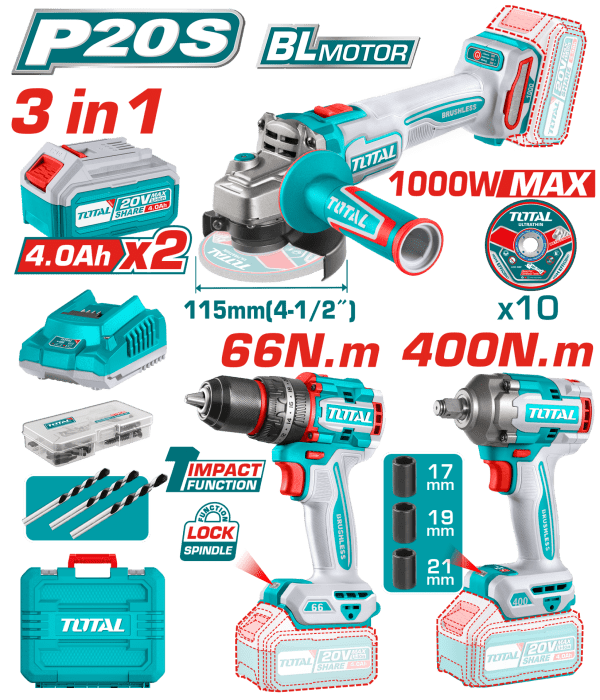 Total AVANTAJ 3 LÜ SET - DARBELİ MATKAP, TAŞLAMA, SOMUN SÖKME