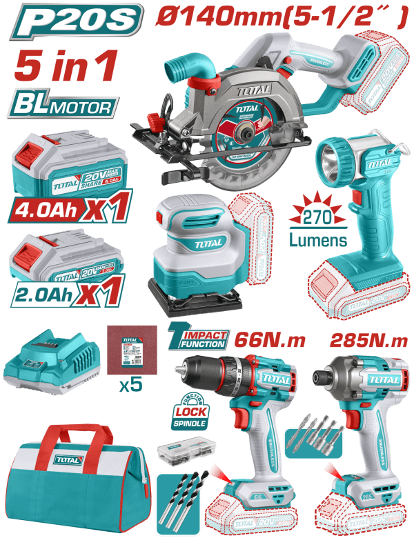 Total AVANTAJ 5 Lİ SET - DAİRE TESTERE, ZIMPARA, DABELİ VİDALAMA, MATKAP, FENER