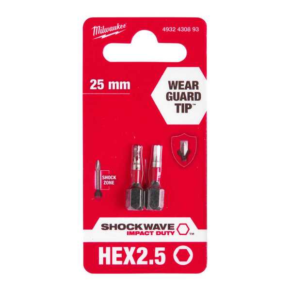 Milwaukee HEX2.5 mm 25 mm Shockwave Bits Uç - 2'li