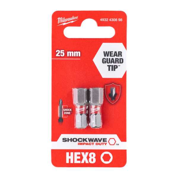 Milwaukee HEX8 mm 25 mm Shockwave İmpact Bits Uç - 2'li